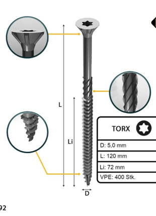 FORTE Tools Tornillo universal para madera 5,0 x 120 mm T25 400 piezas (4x 000040113879) galvanizado en plata Torx cabeza avellanada rosca parcial