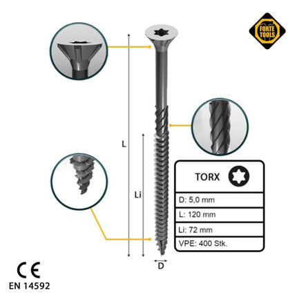 FORTE Tools Vis à bois universelle 5,0 x 120 mm T25, Argent galvanisé, Tête fraisée Torx, Filetage partiel, 400 pcs. (4x 000040113879)