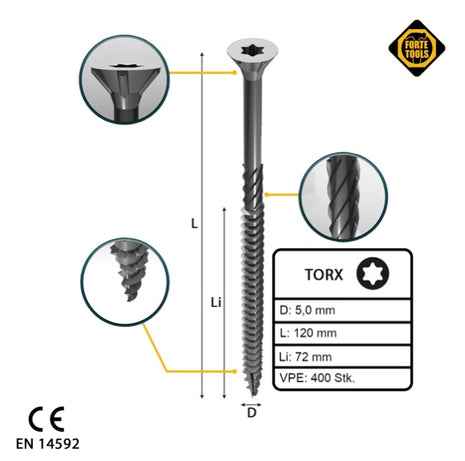 FORTE Tools Vis à bois universelle 5,0 x 120 mm T25, Argent galvanisé, Tête fraisée Torx, Filetage partiel, 400 pcs. (4x 000040113879)