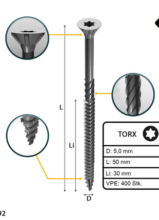 FORTE Tools Vis à bois universelle 5,0 x 50 mm T25, tête fraisée Torx, filetage partiel, galvanisé argenté, 400 pcs. (2x 000040113881)