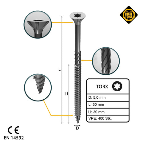 FORTE Tools Vis à bois universelle 5,0 x 50 mm T25, tête fraisée Torx, filetage partiel, galvanisé argenté, 400 pcs. (2x 000040113881)