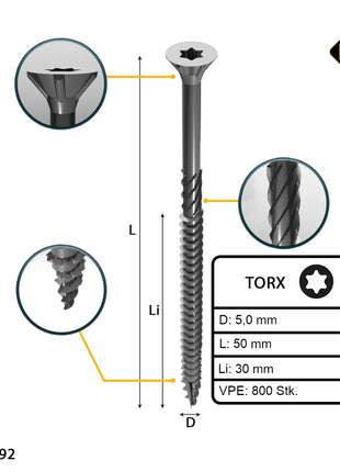 FORTE Tools Vis à bois universelle 5,0 x 50 mm T25, Argent galvanisé, Tête fraisée Torx, Filetage partiel, 800 pcs. (4x 000040113881)