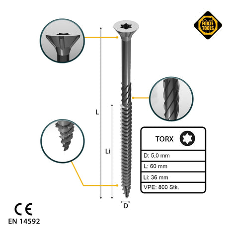 FORTE Tools Vis à bois universelle 5,0 x 60 mm T25, Argent galvanisé, Tête fraisée Torx, Filetage partiel, 800 pcs. (4x 000040113882)