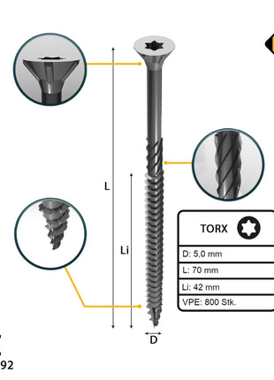 FORTE Tools Vis à bois universelle 5,0 x 70 mm T25 800 pièces (4x 000040113883) tête fraisée Torx galvanisée argent filetage partiel