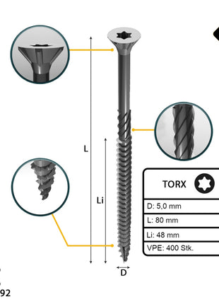 FORTE Tools Vis à bois universelle 5,0 x 80 mm T25, Argent galvanisé, Tête fraisée Torx, Filetage partiel, 400 pcs. (2x 000040113884)