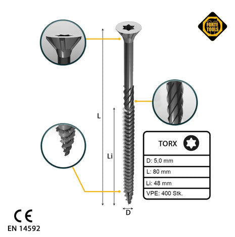 FORTE Tools Vis à bois universelle 5,0 x 80 mm T25, Argent galvanisé, Tête fraisée Torx, Filetage partiel, 400 pcs. (2x 000040113884)