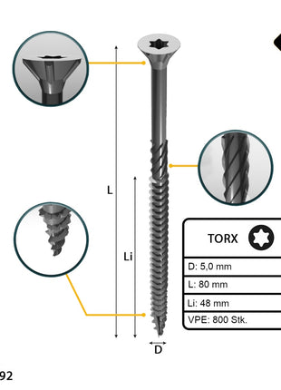 FORTE Tools Vis à bois universelle 5,0 x 80 mm T25, Argent  galvanisé, Tête fraisée Torx, Filetage partiel, 800 pcs. (4x 000040113884)