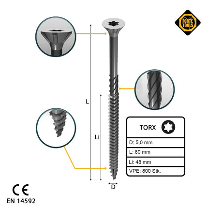 FORTE Tools Vis à bois universelle 5,0 x 80 mm T25, Argent  galvanisé, Tête fraisée Torx, Filetage partiel, 800 pcs. (4x 000040113884)