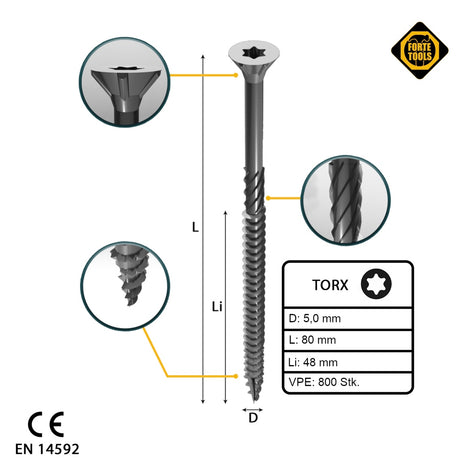 FORTE Tools Vis à bois universelle 5,0 x 80 mm T25, Argent  galvanisé, Tête fraisée Torx, Filetage partiel, 800 pcs. (4x 000040113884)