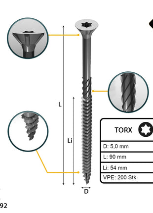 FORTE Tools Vis à bois universelle, 5,0 x 90 mm T25, Argent galvanisé, Tête fraisée Torx, Filetage partiel, 200 pcs. (2x 000040113885)