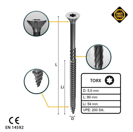 FORTE Tools Vis à bois universelle, 5,0 x 90 mm T25, Argent galvanisé, Tête fraisée Torx, Filetage partiel, 200 pcs. (2x 000040113885)