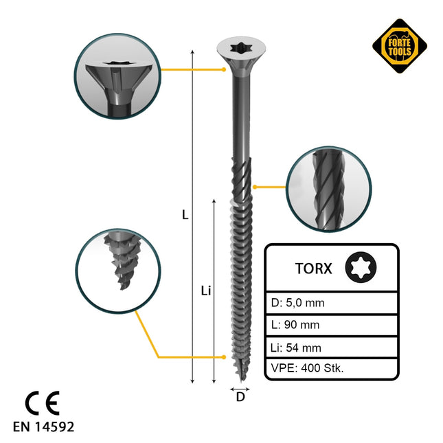 FORTE Tools Vis à bois universelle 5,0 x 90 mm T25, Argent galvanisé, Tête fraisée Torx, Filetage partiel,  400 pcs. (4x 000040113885)
