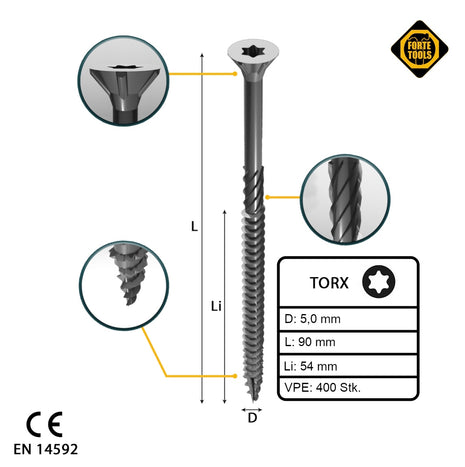 FORTE Tools Vis à bois universelle 5,0 x 90 mm T25, Argent galvanisé, Tête fraisée Torx, Filetage partiel,  400 pcs. (4x 000040113885)