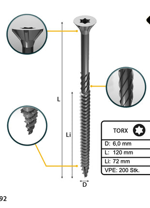 FORTE Tools Vis à bois universelle 6,0 x 120 mm T30, Argent galvanisé, Tête fraisée Torx, Filetage partiel, 200 pcs. (2x 000040113887)