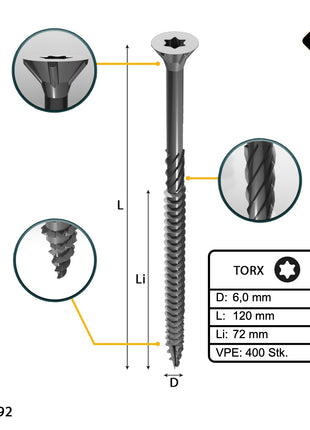 FORTE Tools Vis à bois universelle 6,0 x 120 mm T30, Argent galvanisé, Tête fraisée Torx, Filetage partiel, 400 pcs. (4x 000040113887)