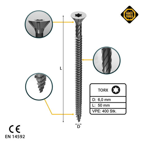 FORTE Tools Vis à bois universelle 6,0 x 50 mm T30, Galvanisée jaune, Tête fraisée Torx, Filetage total, 400 pcs. (4x 000040113888)