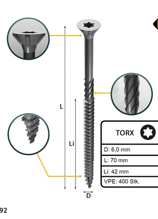 FORTE Tools Vis à bois universelle 6,0 x 70 mm T30, Argent galvanisé, Tête fraisée Torx, Filetage partiel, 400 pcs. (4x 000040113890)