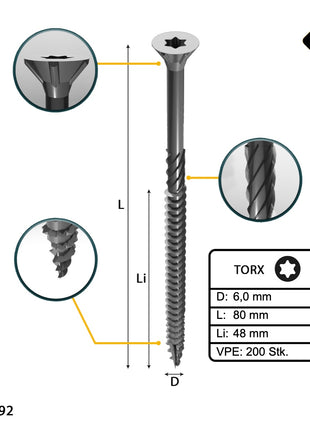 FORTE Tools Vis à bois universelle 6,0 x 80 mm T30, Argent galvanisé, Tête fraisée Torx, Filetage partiel, 200 pcs.(2x 000040113891)