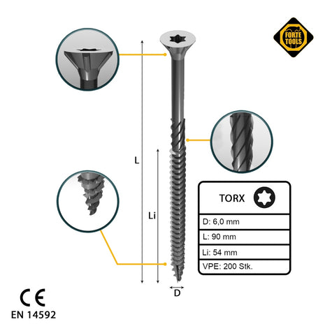 FORTE Tools Tornillo universal para madera 6,0 x 90 mm T30 200 piezas (2x 000040113892) galvanizado en plata Torx cabeza avellanada rosca parcial