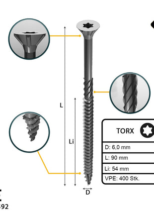 FORTE Tools Vis à bois universelle 6,0 x 90 mm T30, Argent galvanisé, Tête fraisée Torx, Filetage partiel, 400 pcs. (4x 000040113892)