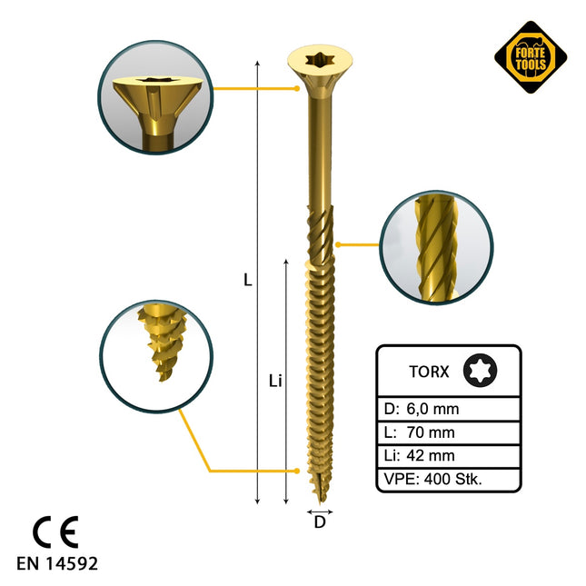 FORTE Tools Vis à bois universelle 6,0 x 70 mm T30, Galvanisée jaune, Tête fraisée Torx, Filetage partiel, 400 pcs. ( 4x 000051399495)