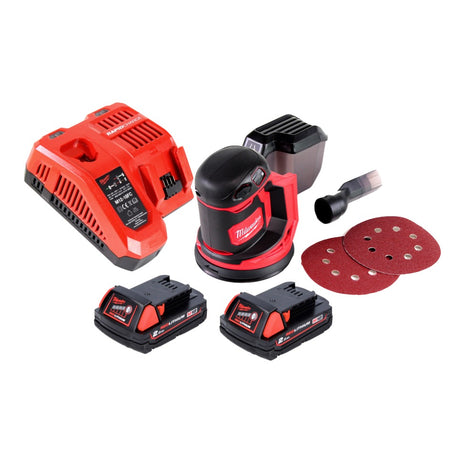 Lijadora excéntrica a batería Milwaukee M18 BOS125-202 FC 18 V 125 mm + 2x baterías 2,0 Ah + cargador