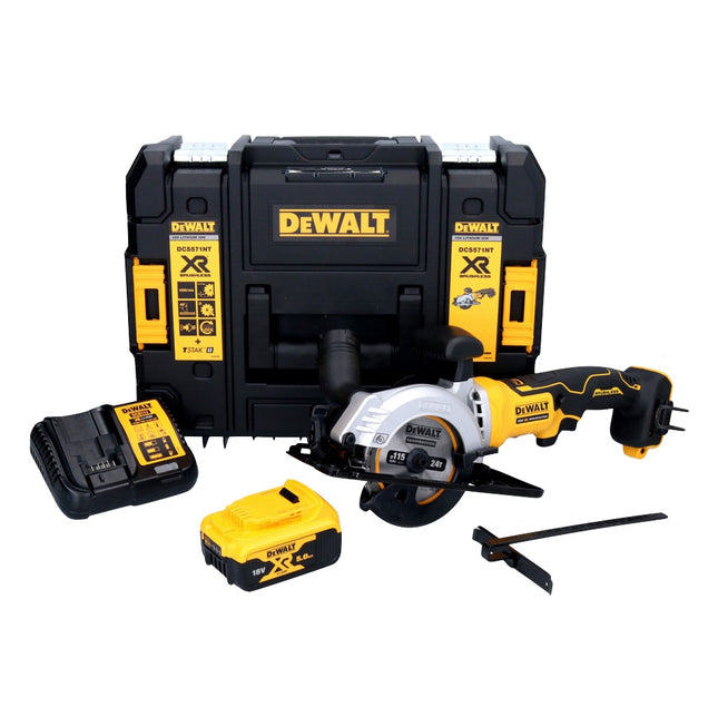 DeWalt DCS 571 P1 Scie circulaire portative sans fil 18 V 115 mm Brushless + 1x batterie 5,0 Ah + chargeur + TSTAK