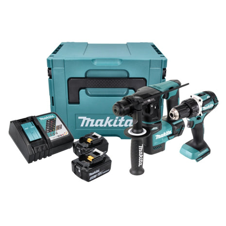 Kit combinato a batteria Makita DLX 2271 TJ Trapano avvitatore a batteria DDF 484 + trapano a percussione a batteria DHR 171 + 2 batterie da 5,0 Ah + caricabatterie + Makpac