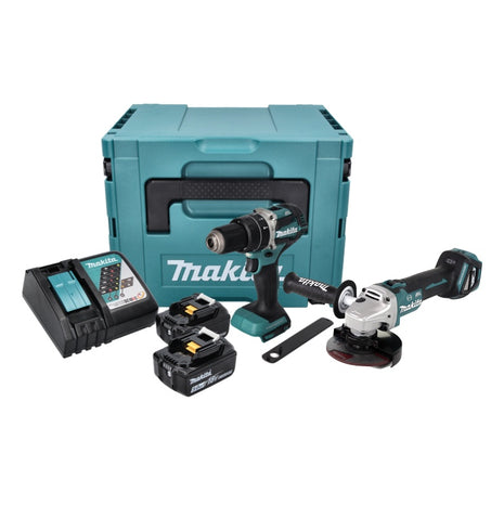 Kit combinato a batteria Makita DLX 2272 TJ Smerigliatrice angolare a batteria DGA 513 + trapano a percussione a batteria DHP 484 + 2 batterie da 5,0 Ah + caricabatterie + Makpac