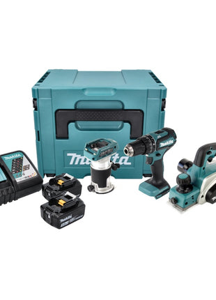 Makita DLX 3116 TJ Kit combiné sans fil, Perceuse-visseuse à percussion sans fil DHP 485 + Rabot sans fil DKP 180 + Fraiseuse multifonction sans fil DRT 50 + 2x Batteries 5,0 Ah + Chargeur + Makpac