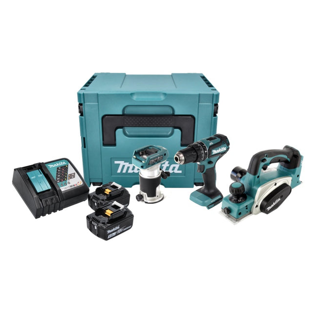 Makita DLX 3116 TJ Kit Combo Perceuse-visseuse à percussion sans fil DHP 485 + Rabot sans fil DKP 180 + Fraiseuse multifonctions sans fil DRT 50 + 2x batterie 5,0 Ah + chargeur + Makpac