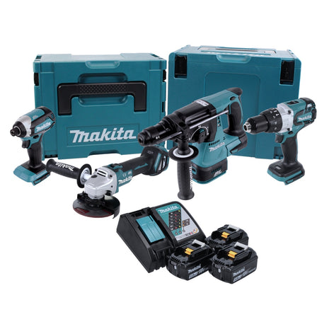 Kit combinado de batería Makita DLX 4104 TJ1 Amoladora angular DGA 513 + taladro percutor DHP 481 + taladro percutor DHR 243 + llave de impacto DTD 153 + 3x baterías 5,0 Ah + cargador + 2x Makpac