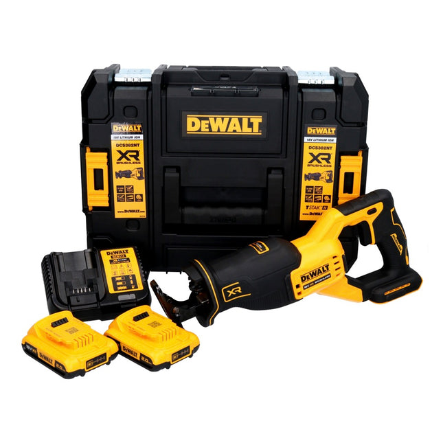 Scie alternative à batterie DeWalt DCS 382 D2T 18 V sans balais + 2x batteries 2,0 Ah + chargeur + TSTAK