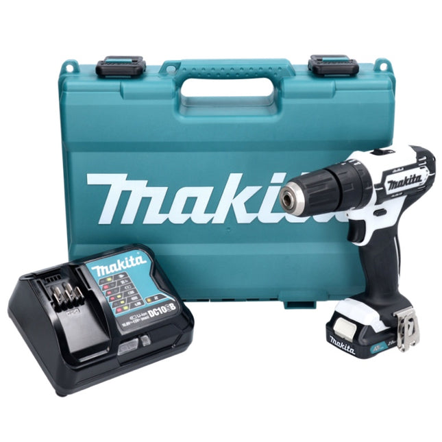 Perceuse à percussion sans fil Makita HP 333 DSAW 12 V 30 Nm blanche + 1 batterie 2,0 Ah + chargeur + coffret