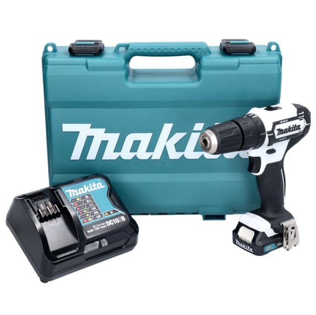Perceuse à percussion sans fil Makita HP 333 DSAW 12 V 30 Nm blanche + 1 batterie 2,0 Ah + chargeur + coffret
