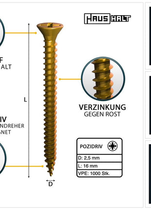 HausHalt Tornillo universal para construcción de madera tornillo para madera 2,5 x 16 mm PZ1 1000 piezas (000051371121) amarillo galvanizado ranura transversal Pozidriv cabeza avellanada rosca completa