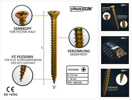 HausHalt Vis universelle pour bois 2,5 x 16 mm PZ1 - 1000 pièces (000051371121) jaune zingué Phillips Pozidriv