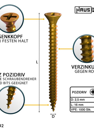 HausHalt Tornillo universal para construcción de madera tornillo para madera 2,5 x 16 mm PZ1 1000 piezas (000051371121) amarillo galvanizado ranura transversal Pozidriv cabeza avellanada rosca completa