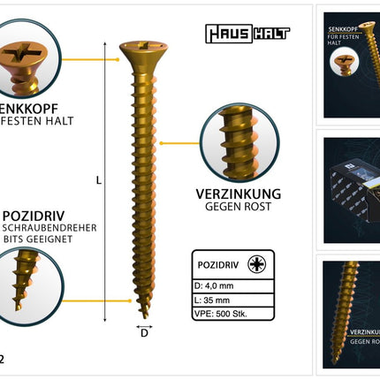 HausHalt Vis à bois universelle 4,0 x 35 mm PZ2 - 500 pièces (000051371145)