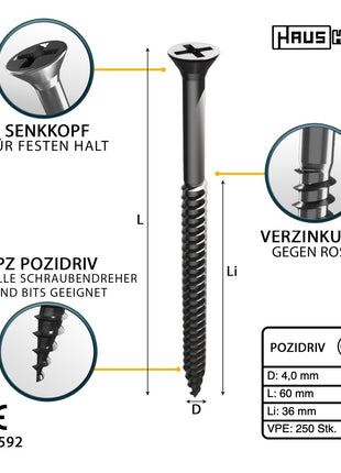 HausHalt Universal Holzbauschraube Holzschraube 4,0 x 60 mm PZ2 250 Stk. ( 000051371154 ) silber verzinkt Kreuzschlitz Pozidriv Senkkopf Teilgewinde - Toolbrothers