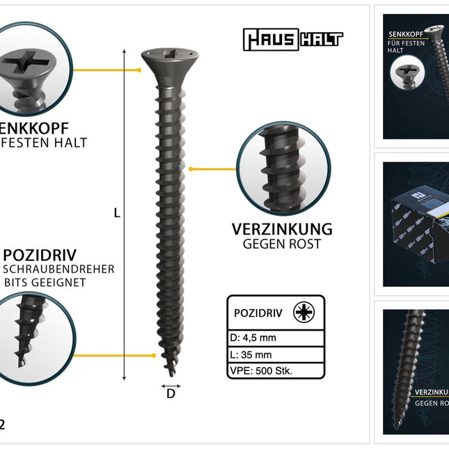HausHalt Universal Holzbauschraube Holzschraube 4,5 x 35 mm PZ2 500 Stk. ( 000051371164 ) silber verzinkt Kreuzschlitz Pozidriv Senkkopf Vollgewinde - Toolbrothers