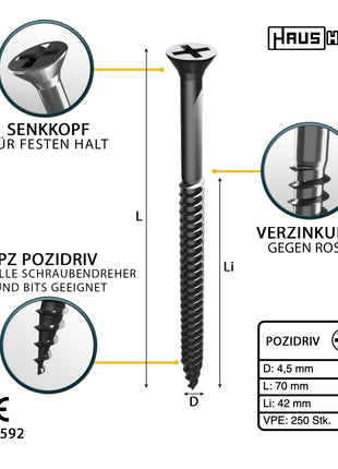 HausHalt Universal Holzbauschraube Holzschraube 4,5 x 70 mm PZ2 250 Stk. ( 000051371177 ) silber verzinkt Kreuzschlitz Pozidriv Senkkopf Teilgewinde - Toolbrothers