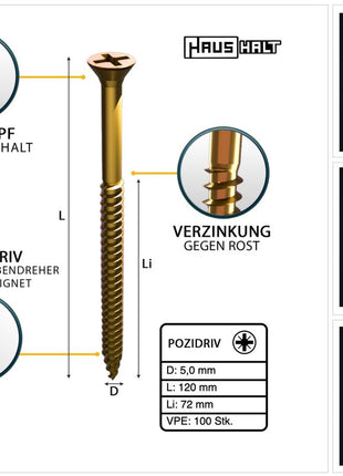 HausHalt Universal Holzbauschraube Holzschraube 5,0 x 120 mm PZ2 100 Stk. ( 000051371186 ) gelb verzinkt Kreuzschlitz Pozidriv Senkkopf Teilgewinde - Toolbrothers