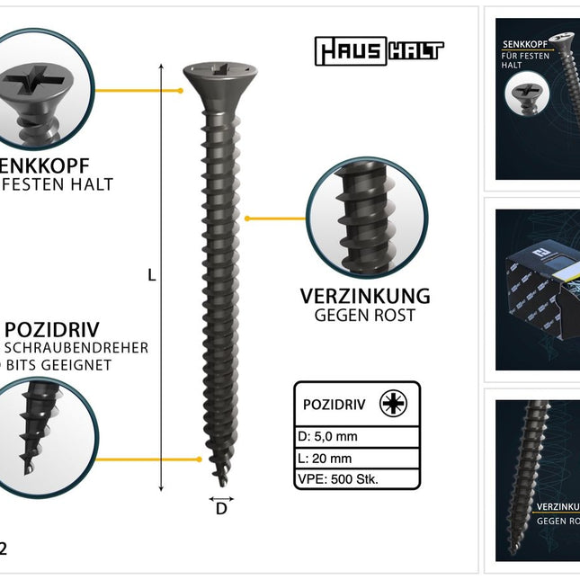 HausHalt Universal Holzbauschraube Holzschraube 5,0 x 20 mm PZ2 500 Stk. ( 000051371187 ) silber verzinkt Kreuzschlitz Pozidriv Senkkopf Vollgewinde - Toolbrothers