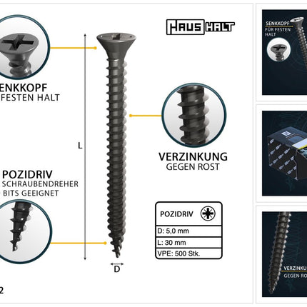 HausHalt Universal Holzbauschraube Holzschraube 5,0 x 30 mm PZ2 500 Stk. ( 000051371189 ) silber verzinkt Kreuzschlitz Pozidriv Senkkopf Vollgewinde - Toolbrothers