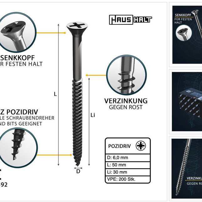 HausHalt Universal Holzbauschraube Holzschraube 6,0 x 50 mm PZ3 200 Stk. ( 000051371227 ) silber verzinkt Kreuzschlitz Pozidriv Senkkopf Teilgewinde - Toolbrothers