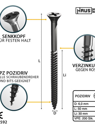 HausHalt Universal Holzbauschraube Holzschraube 6,0 x 50 mm PZ3 200 Stk. ( 000051371227 ) silber verzinkt Kreuzschlitz Pozidriv Senkkopf Teilgewinde - Toolbrothers