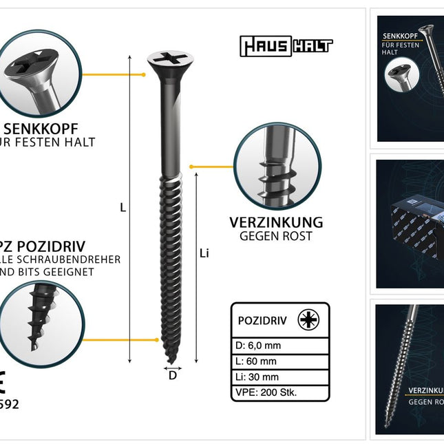HausHalt Universal Holzbauschraube Holzschraube 6,0 x 60 mm PZ3 200 Stk. ( 000051371229 ) silber verzinkt Kreuzschlitz Pozidriv Senkkopf Teilgewinde - Toolbrothers