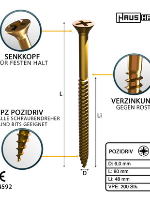 HausHalt Universal Holzbauschraube Holzschraube 6,0 x 80 mm PZ3 200 Stk. ( 000051371233 ) gelb verzinkt Kreuzschlitz Pozidriv Senkkopf Teilgewinde - Toolbrothers