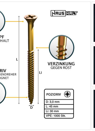 HausHalt Universal Holzbauschraube Holzschraube 3,0 x 45 mm PZ1 1000 Stk. ( 2x 000051371129 ) gelb verzinkt Kreuzschlitz Pozidriv Senkkopf Teilgewinde - Toolbrothers